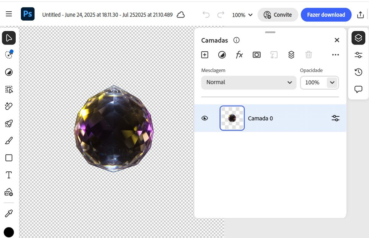 A imagem da tela é aberta no Photoshop na Web, onde várias opções de edição avançada estão disponíveis por meio dos controles.