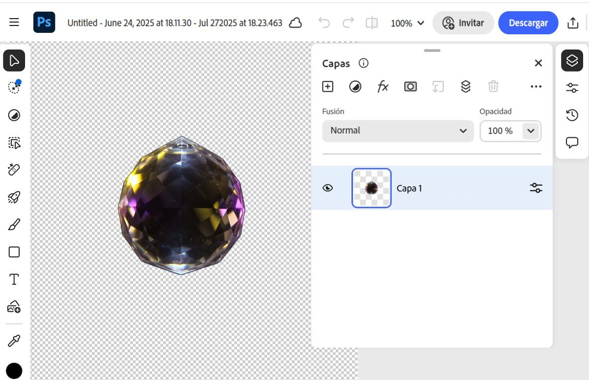 La imagen del lienzo se abre en Photoshop en la web, donde hay varias opciones de edición disponibles a través de los controles.