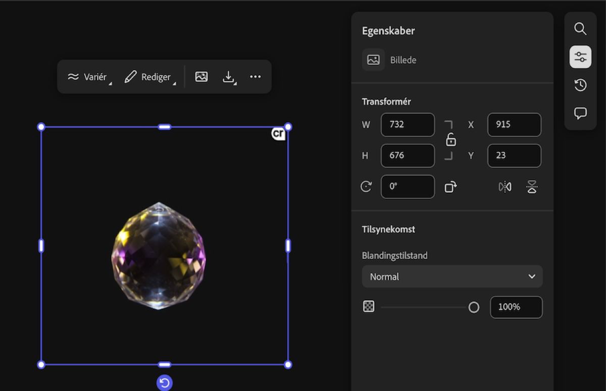 Billedet på lærredet er markeret, og redigeringsindstillingerne samt panelet Egenskaber åbnes.