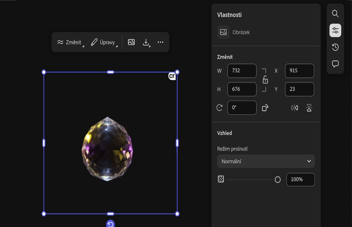 Obrázek na plátně je vybrán a jsou otevřeny možnosti úprav spolu s panelem Vlastnosti.
