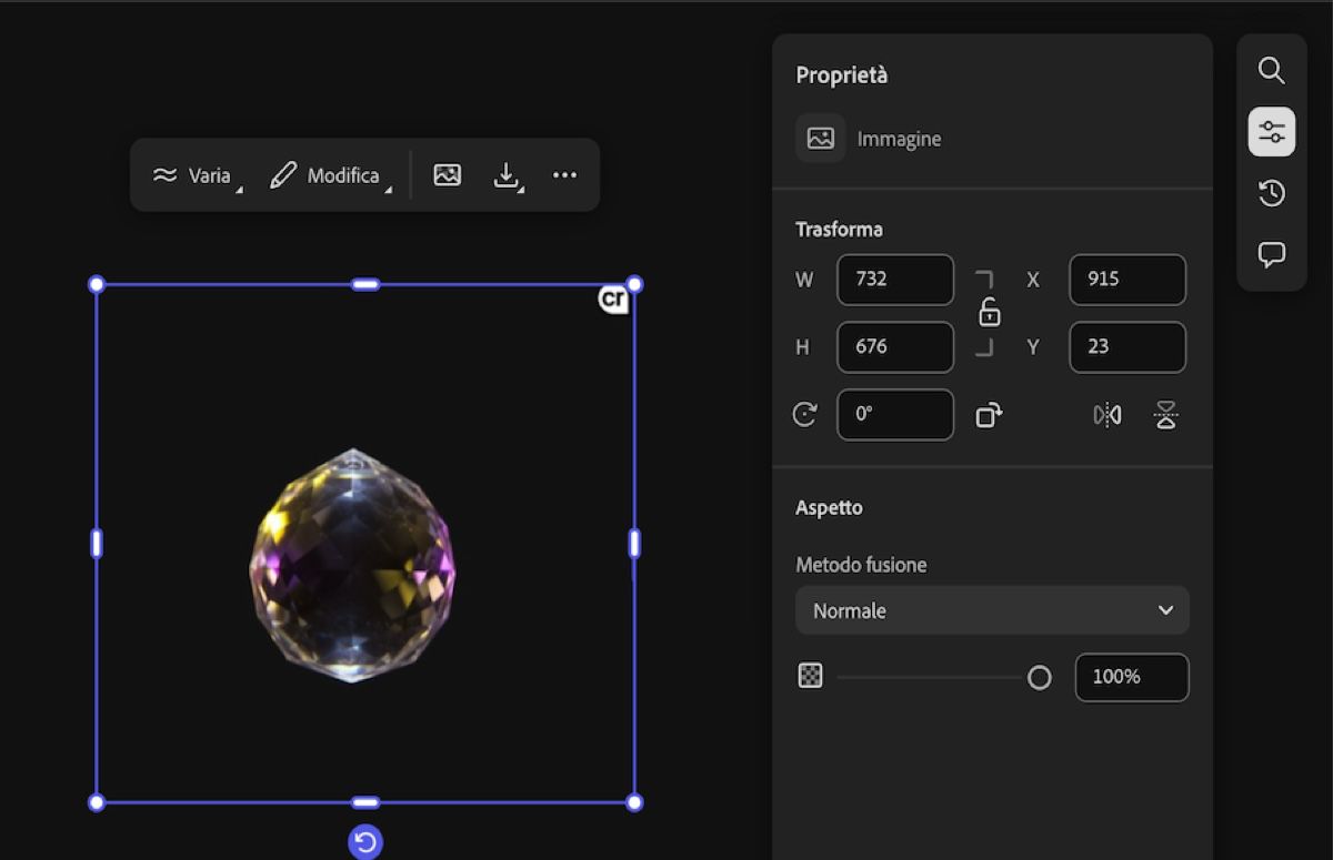 L'immagine nell'area di lavoro è selezionata ed il pannello Proprietà è aperto con le opzioni di modifica.