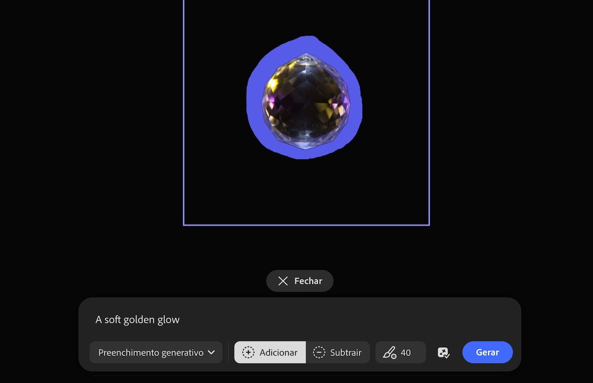 A imagem na tela está selecionada e a opção de adicionar ou subtrair seções usando Preenchimento generativo está disponível.