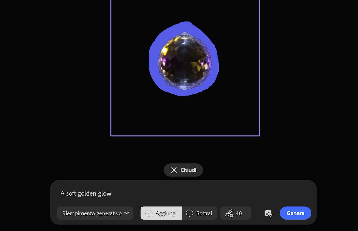L'immagine nell'area di lavoro è selezionata ed è disponibile l'opzione per aggiungere o sottrarre le sezioni evidenziate con la funzione Riempimento generativo.