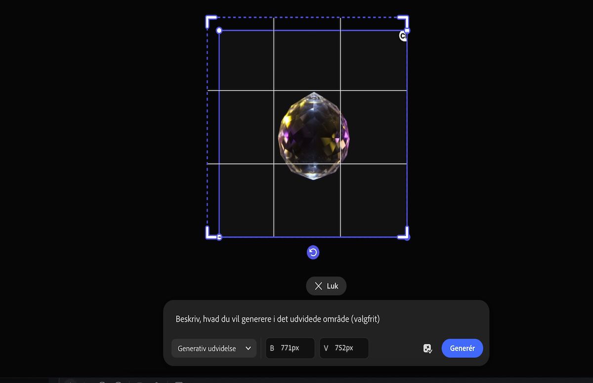 Billedet på lærredet er markeret, og indstillingen for at ændre dets opløsning ved hjælp af Generativ udvidelse bliver tilgængelig.