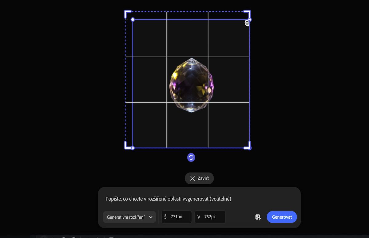 Je vybrán obrázek na plátně a je k dispozici možnost změnit rozlišení pomocí generativního rozšíření.