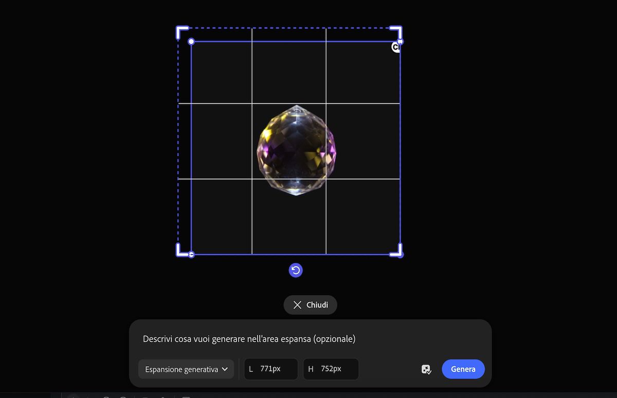 L'immagine nell'area di lavoro è selezionata ed è disponibile l'opzione per modificarne la risoluzione mediante la funzione Espansione generativa.
