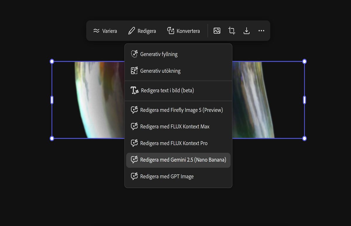 Bilden på arbetsytan markeras och Redigera med FLUX Kontext MAX väljs i listrutan.