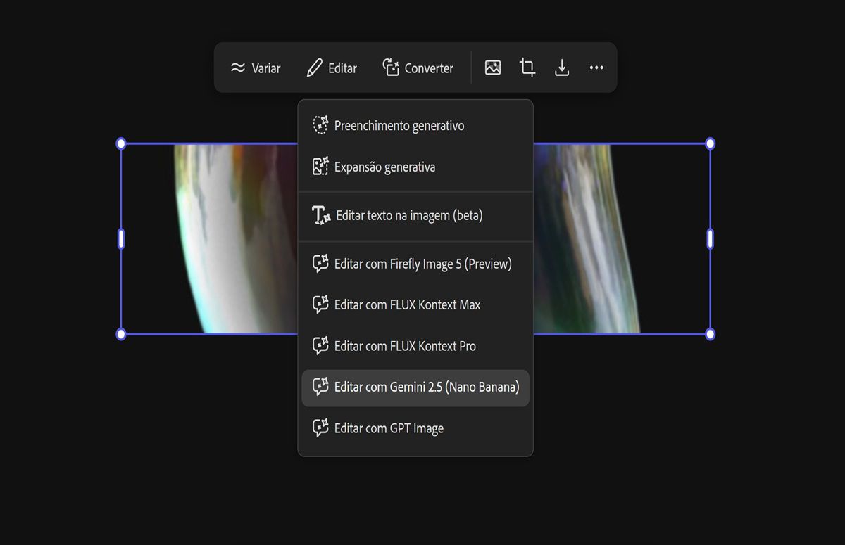 A imagem na tela é selecionada e, no menu suspenso, a opção Editar com FLUX Kontext MAX é selecionada.
