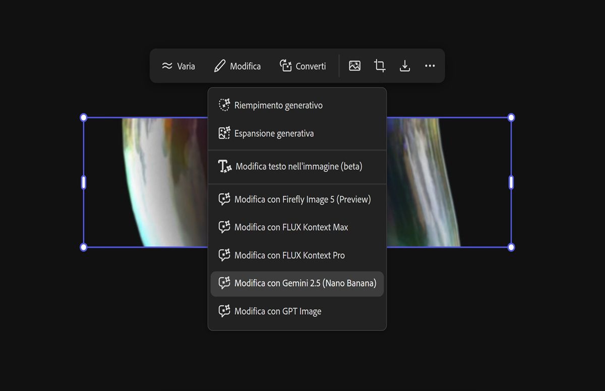 L'immagine nell'area di lavoro è selezionata e, nel menu a discesa, è selezionata l'opzione Modifica con FLUX Kontext MAX.