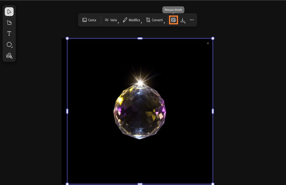 L'immagine nell'area di lavoro è selezionata ed è evidenziata l'opzione per rimuovere lo sfondo.