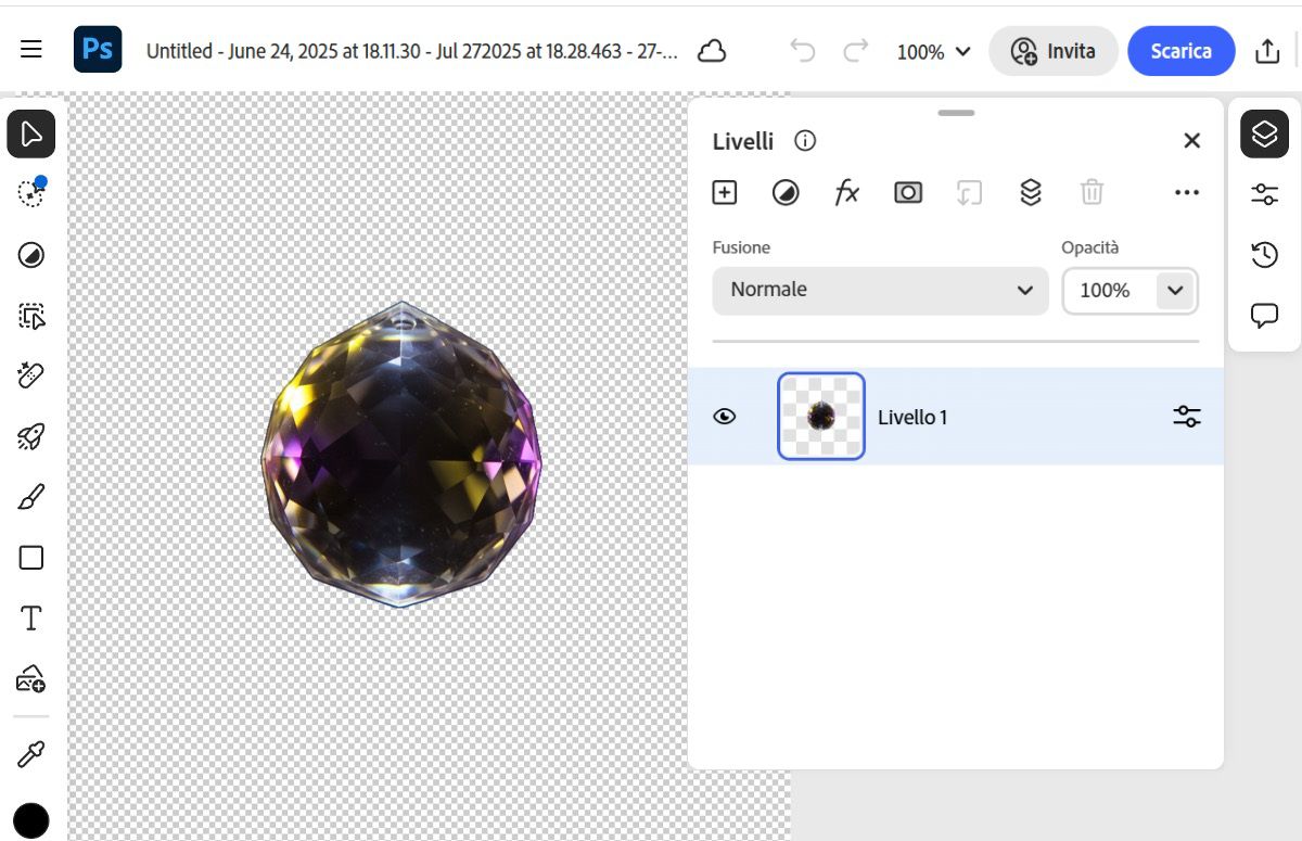 L'immagine dell'area di lavoro è aperta in Photoshop sul Web e sono disponibili varie opzioni di modifica tramite i controlli.