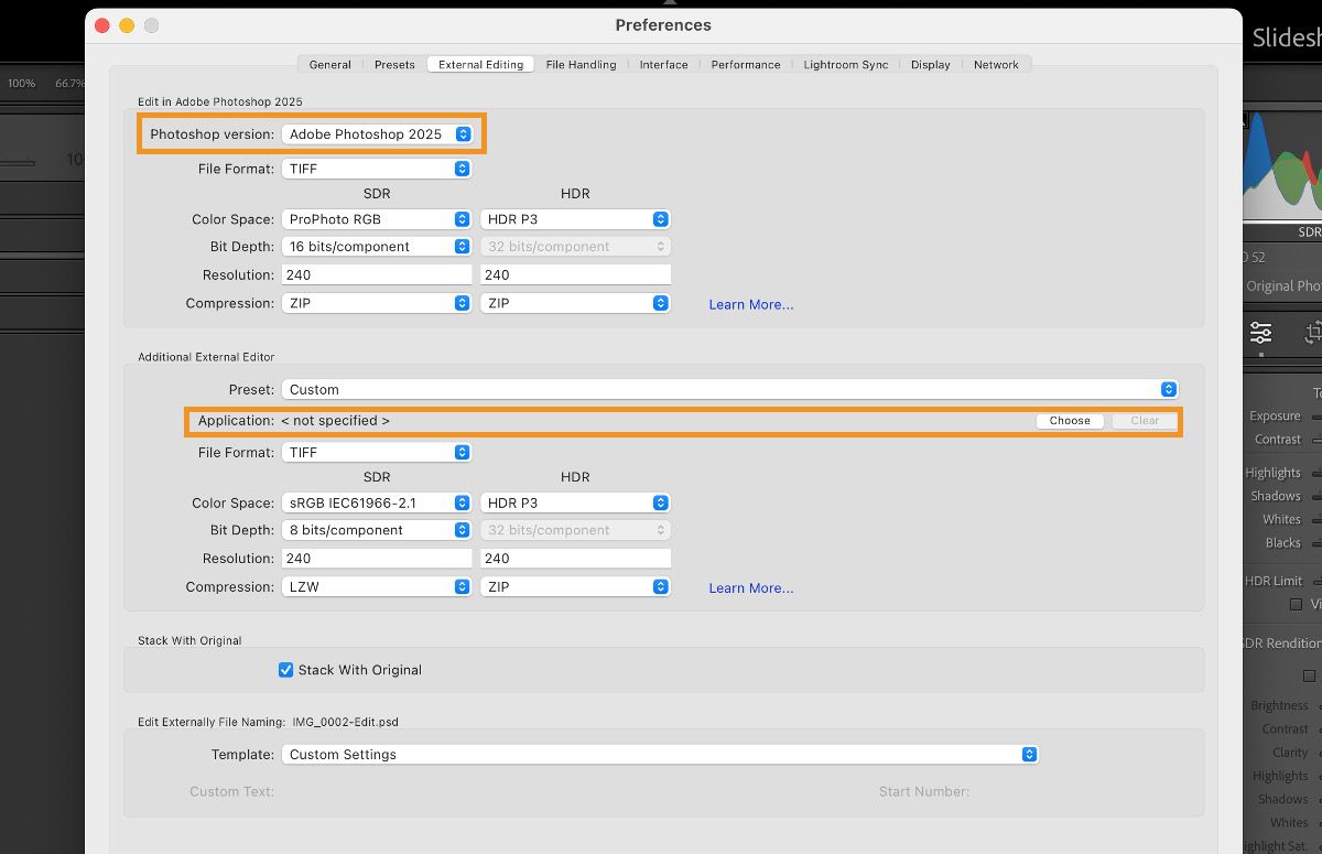 Lightroom Classic CC External Editing preferences