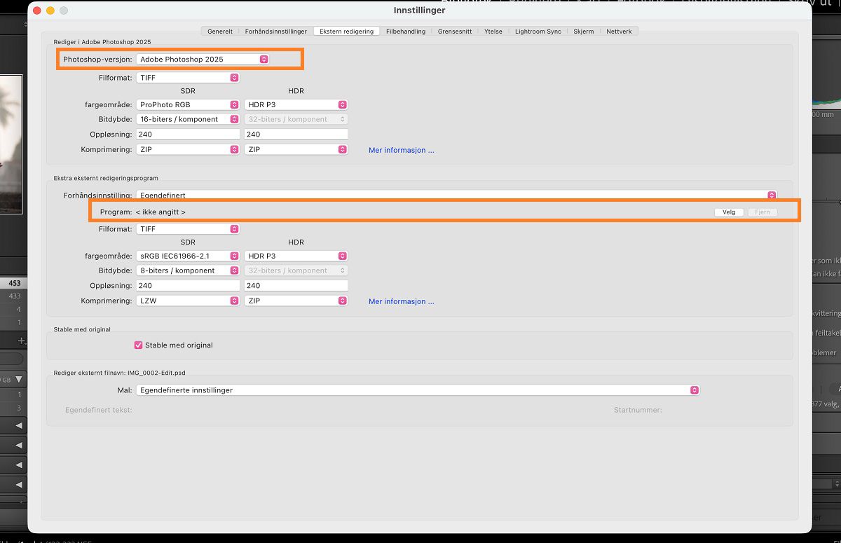 Innstillinger for ekstern redigering i Lightroom Classic CC