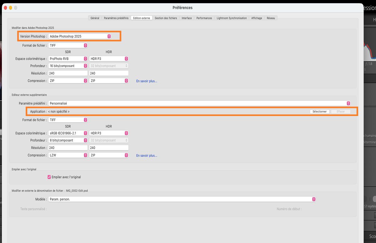 Préférences Edition externe de Lightroom Classic CC