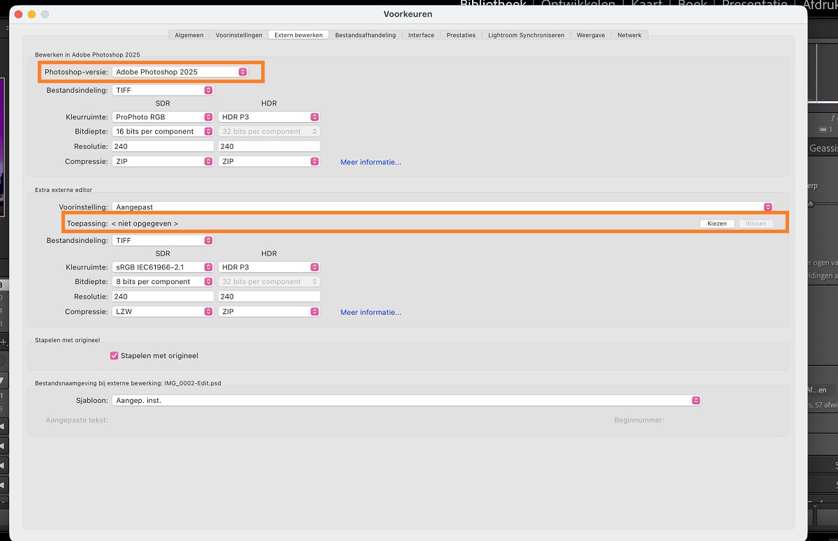 Voorkeuren voor extern bewerken in Lightroom Classic CC