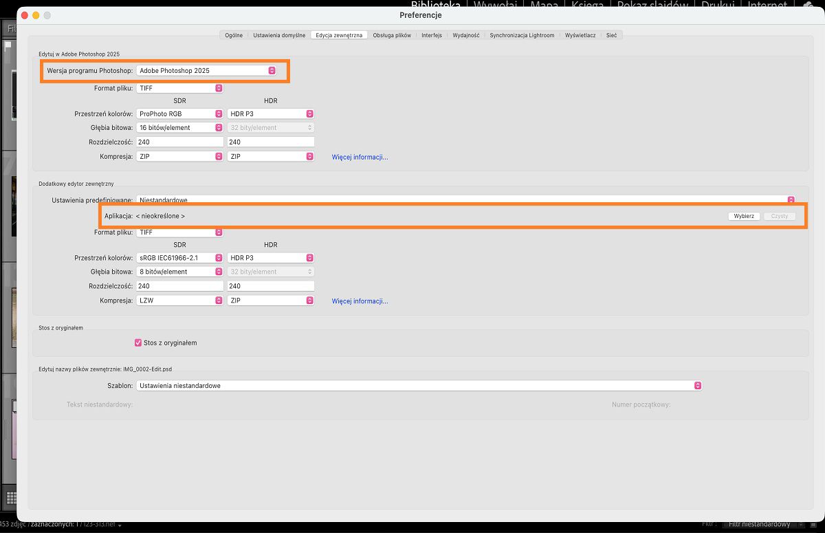 Preferencje edycji zewnętrznej w programie Lightroom Classic CC