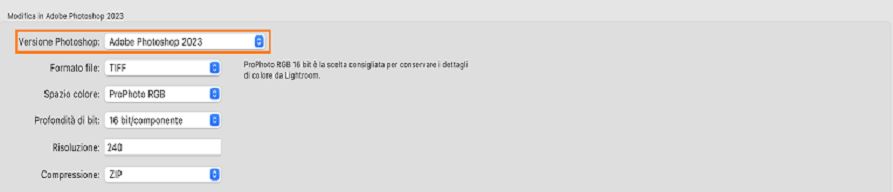 Schermata che evidenzia la finestra di selezione della versione di Photoshop per la funzione Modifica in Photoshop.