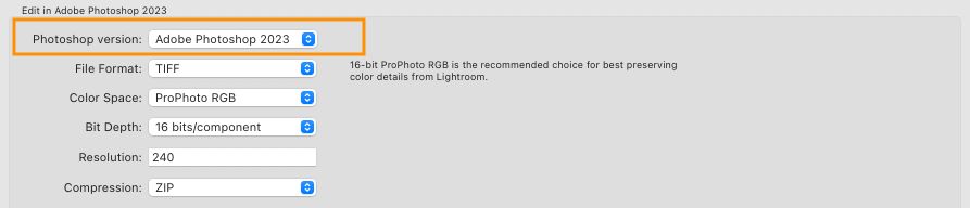 Screenshot highlighting selection window of Photoshop version for Edit in Photoshop feature.