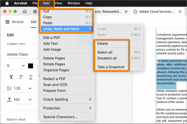 خيارات التحرير عند تحديد نص