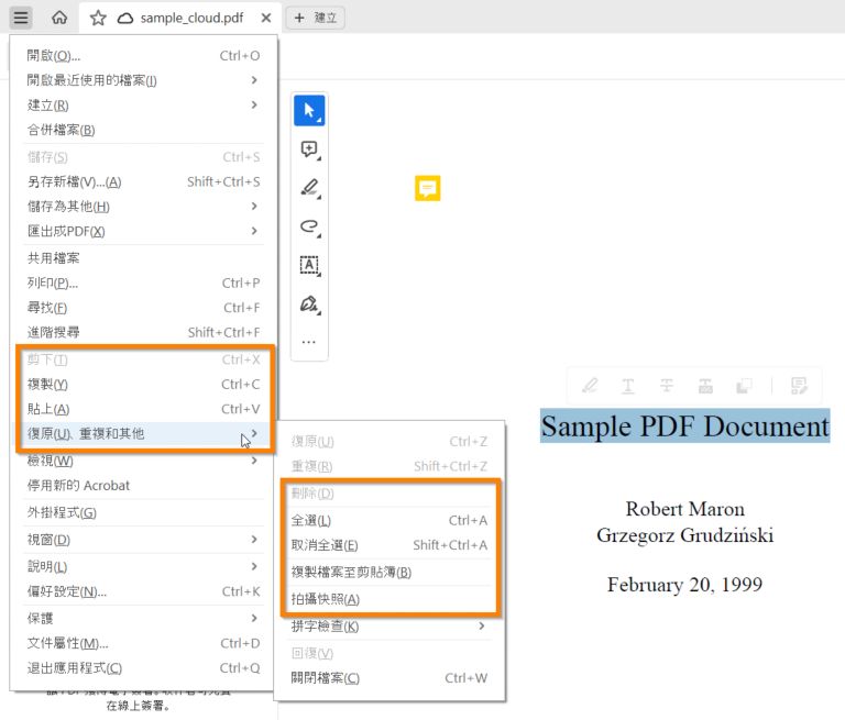選取文字時的編輯選項