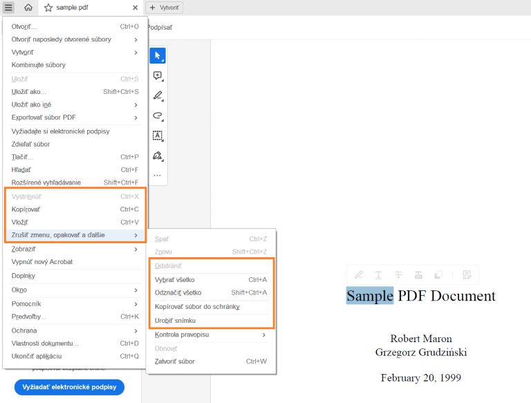Možnosti Upraviť sú k dispozícií keď vyberiete text