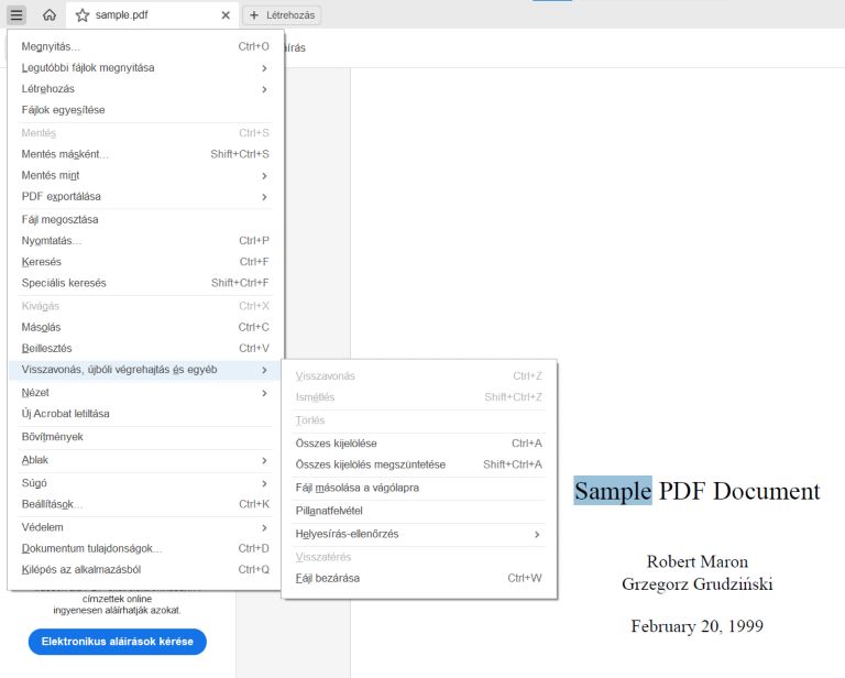 Szerkesztési lehetőségek a szöveg kijelölésekor
