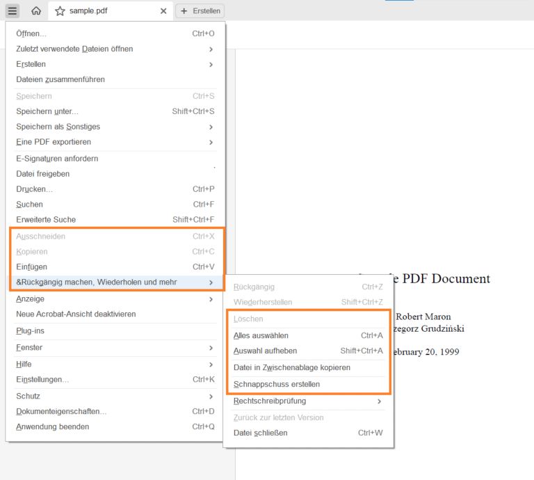 Bearbeitungsoptionen beim Auswählen von Text