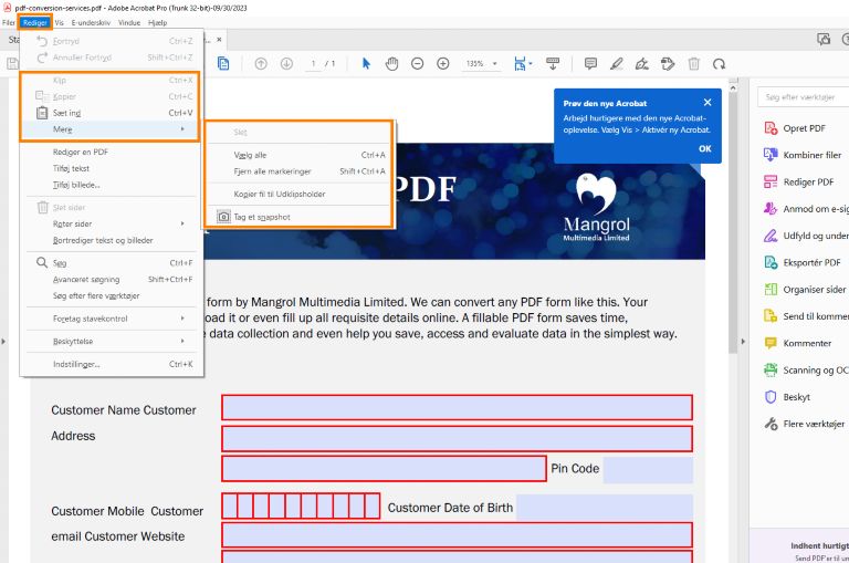 Redigeringsmuligheder, når du markerer tekst