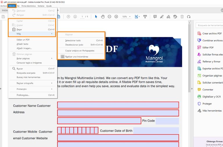 Opciones de edición al seleccionar texto