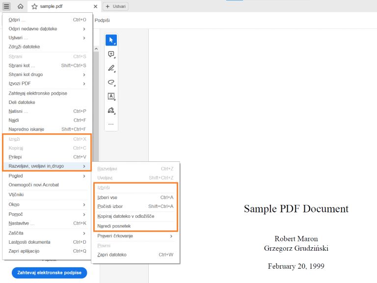 Možnosti urejanja, ko izberete besedilo