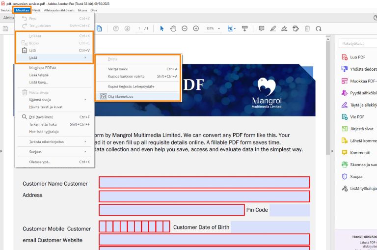 Muokkausasetukset, kun valitset tekstiä
