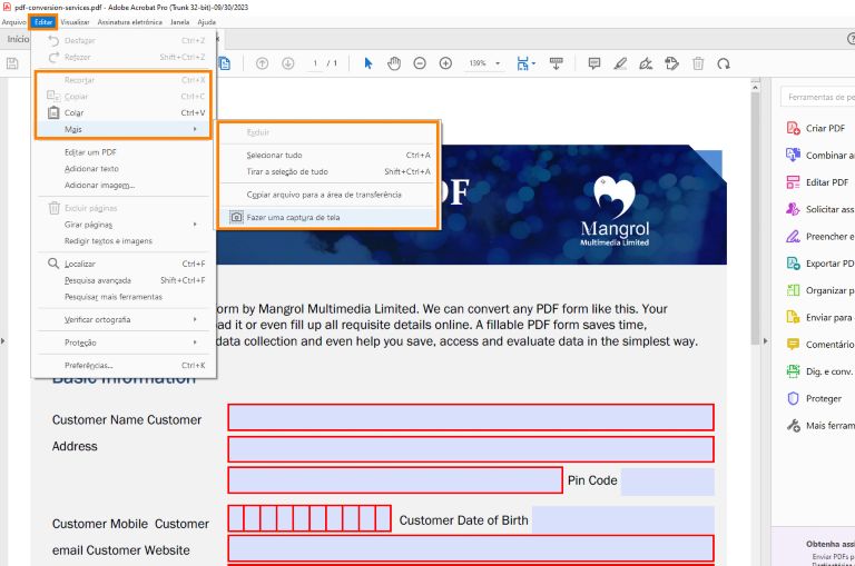 Opções de Editar na seleção de texto