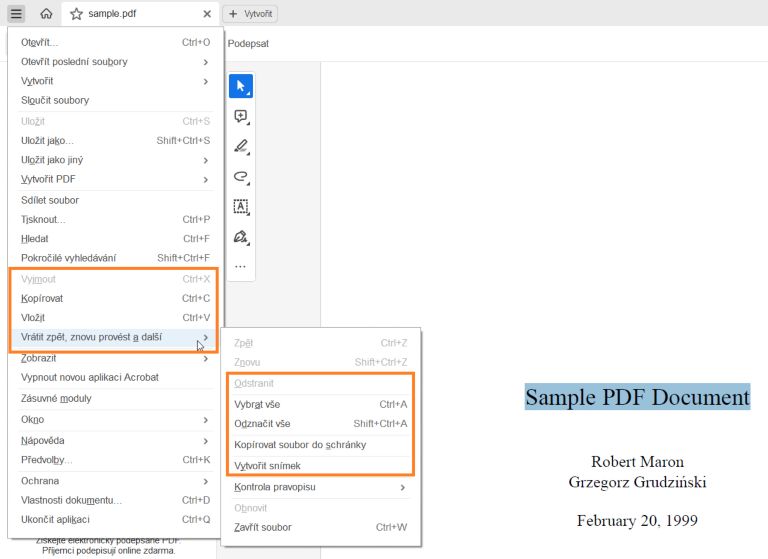 Možnosti úprav při výběru textu
