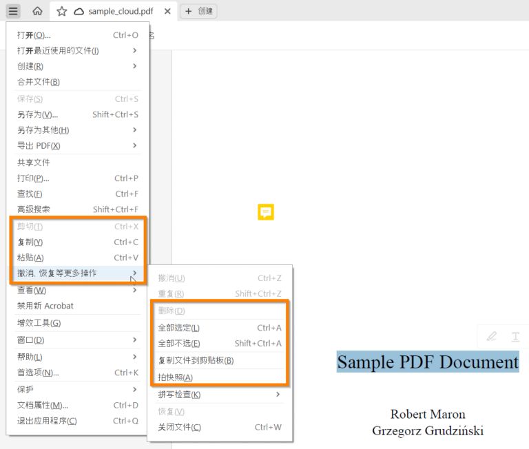 选择文本时显示的编辑选项