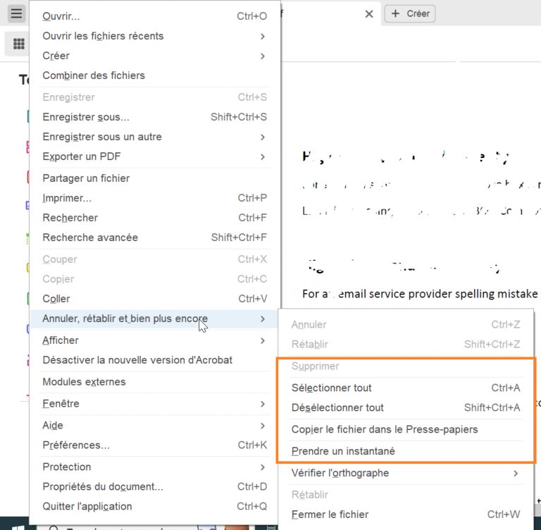 Options de l’outil Modifier lorsque vous sélectionnez du texte