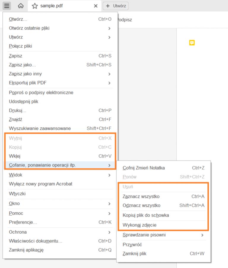 Opcje edycji podczas zaznaczania tekstu