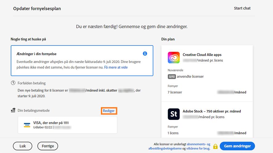 Rediger betalingsmetode