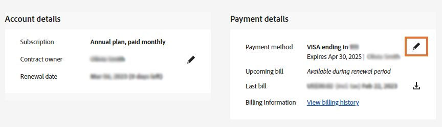 Page de présentation du compte avec l’icône de modification du mode de paiement mise en évidence