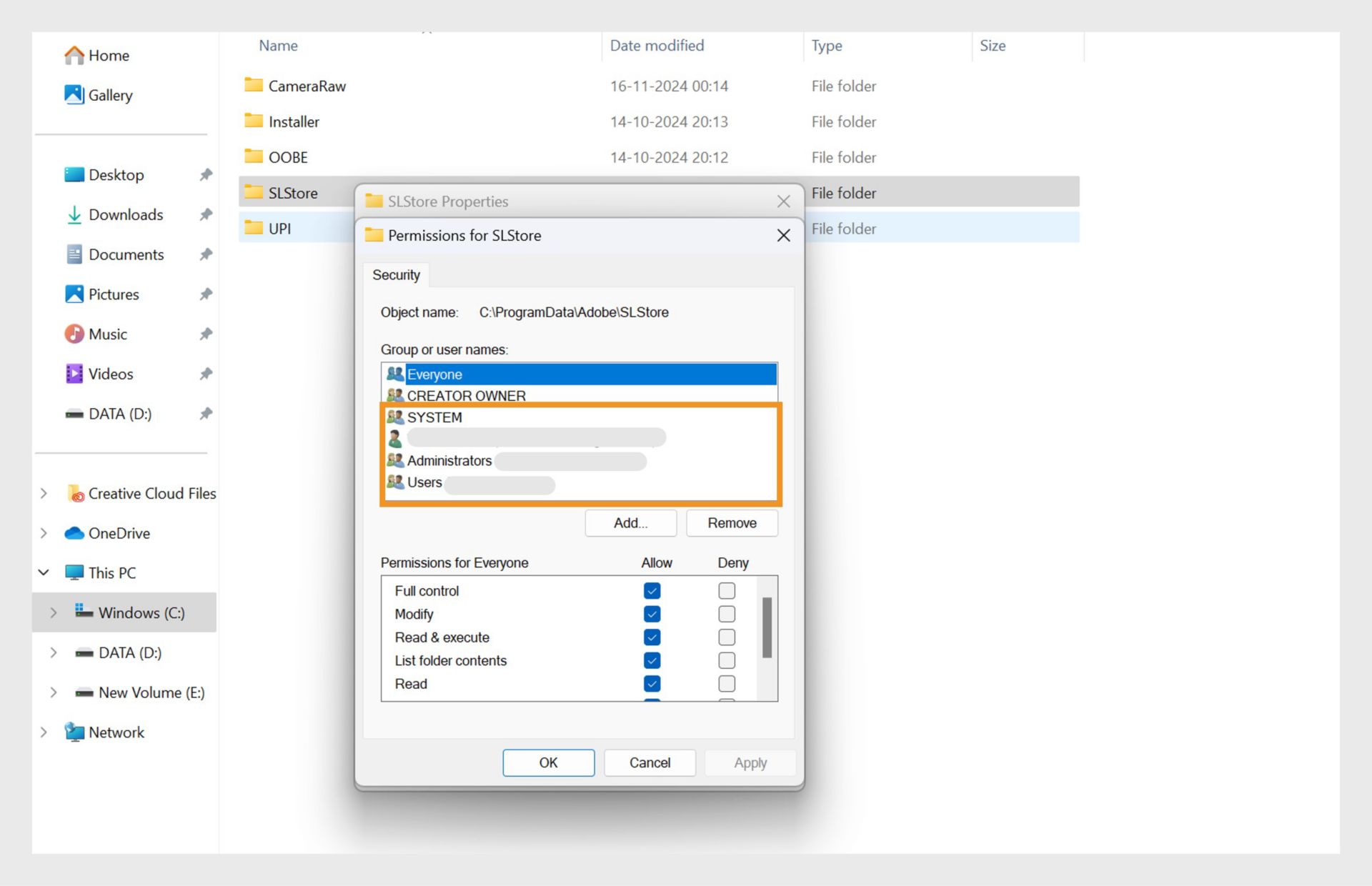 SLStore 視窗的「權限」顯示群組或使用者名稱，以及新增或刪除群組或使用者名稱、允許或拒絕授予權限以及儲存或取消變更的選項。 