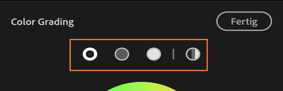 Die Color Grading-Regler. Tippe auf die Symbole im hervorgehobenen Bereich, um die einzelnen Schieberegler für Tiefen, Mitteltöne, Lichter und den Regler Global anzuzeigen.
