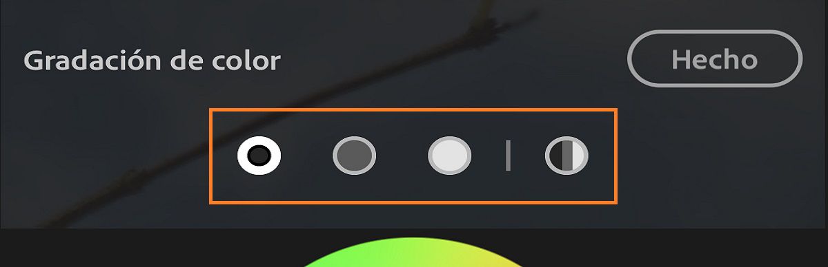Los reguladores de Gradación de color. Toque los iconos de la sección resaltada para ver los reguladores individuales para las sombras, los tonos medios, las iluminaciones y Global, respectivamente.