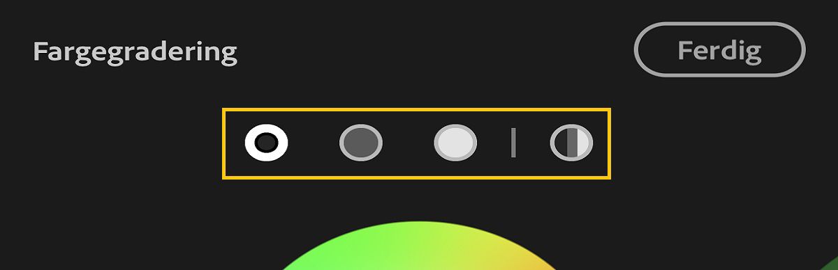 Glidebryterne for fargegradering. Trykk på ikonene i den markerte delen for å vise de enkelte glidebryterne for henholdsvis skygger, mellomtoner og global.