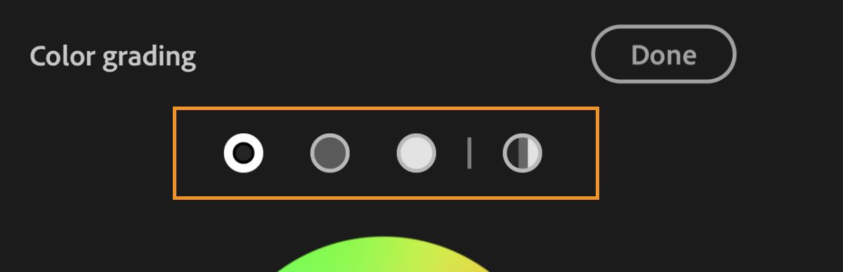The Color Grading sliders. Tap the icons in the highlighted section to view the individual sliders for Shadows, Midtones, Highlights, and Global respectively.