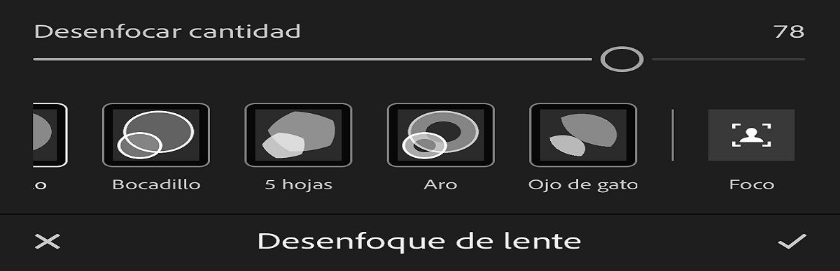captura de pantalla del panel desenfoque de lente