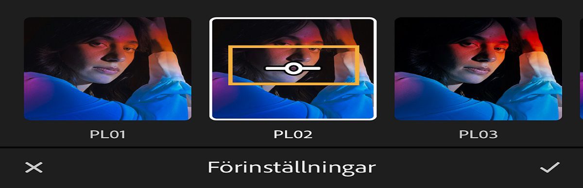 Skärmbild av reglaget för mängd för en förinställnings intensitet