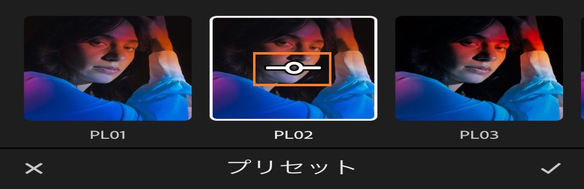 プリセットパネルの適用量スライダーの適用度のスクリーンショット