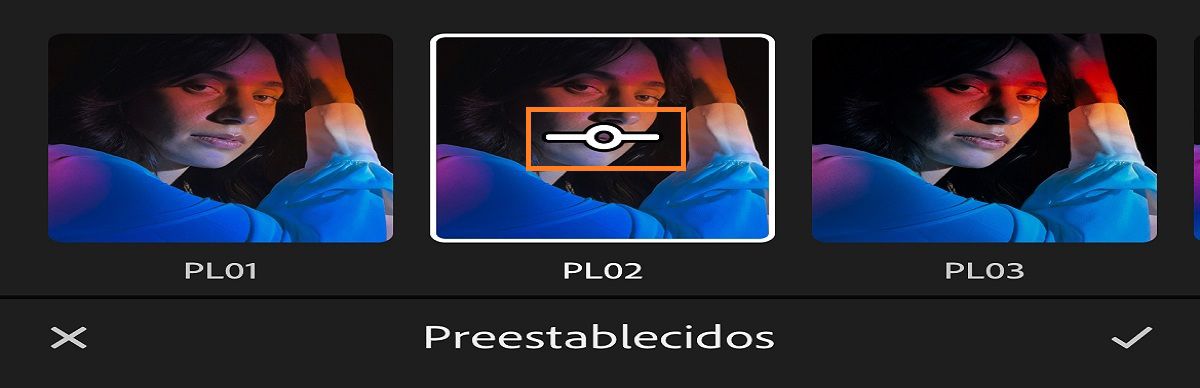 Captura de pantalla de intensidad del regulador cantidad del panel ajustes preestablecidos