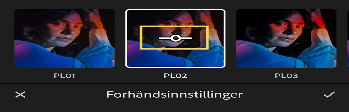 Skjermbilde av panelet forhåndsinnstillinger mengde-glidebryter for intensitet