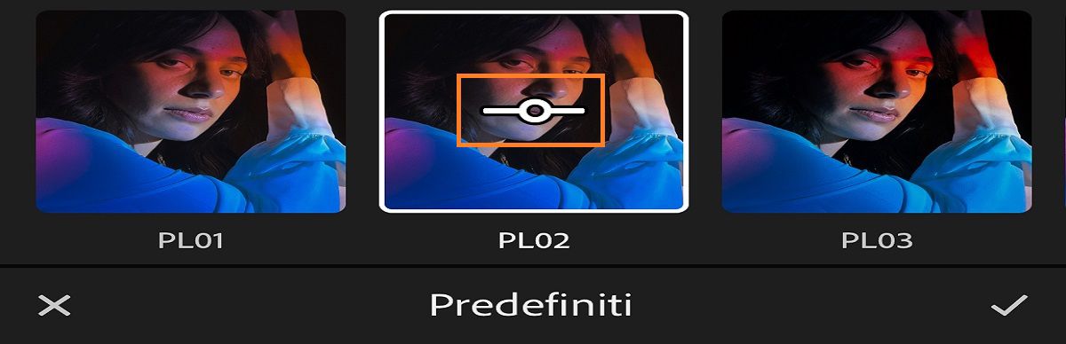 Schermata del pannello predefiniti con la quantità di intensità del cursore