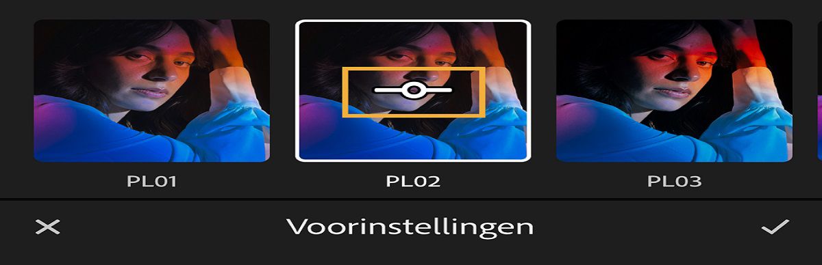 Screenshot van deelvenster met voorinstellingen voor de intensiteit van de schuifregelaar hoeveelheid